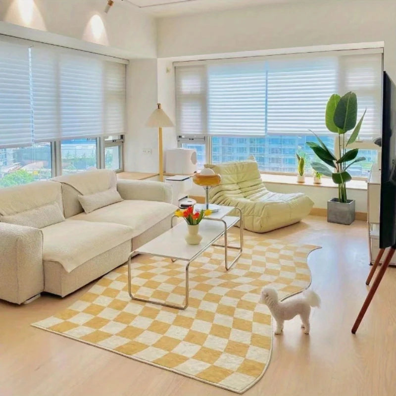 Retro Checkerboard Plush Area Rug - Soft Bedroom and Lounge Carpet