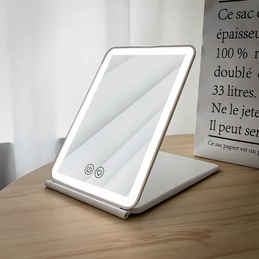 Foldable LED Makeup Mirror - USB Rechargeable 3 Color Light Modes