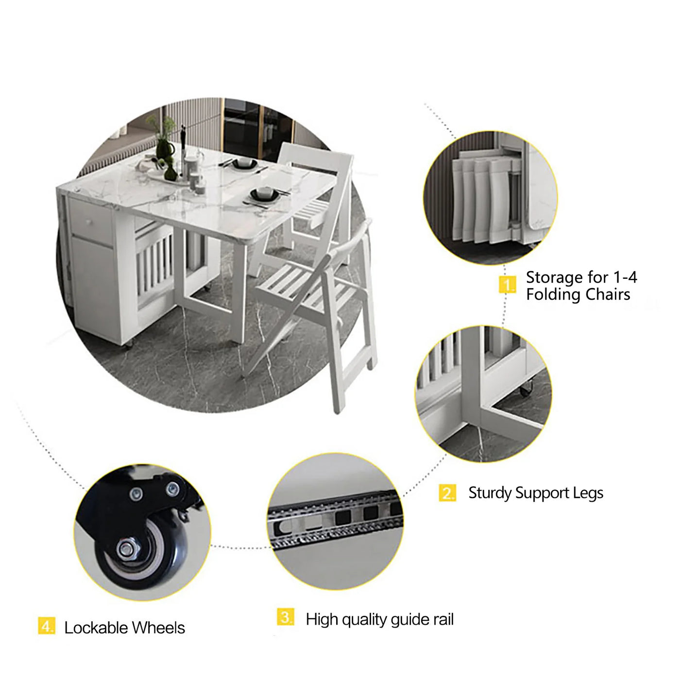 Foldable Dining Table Set - White Multifunction Rectangle Table with Chairs
