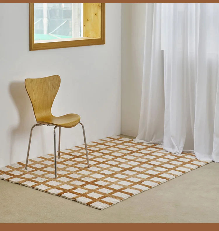 Plaid Plush Area Rug - Soft Minimalist Living Room Carpet