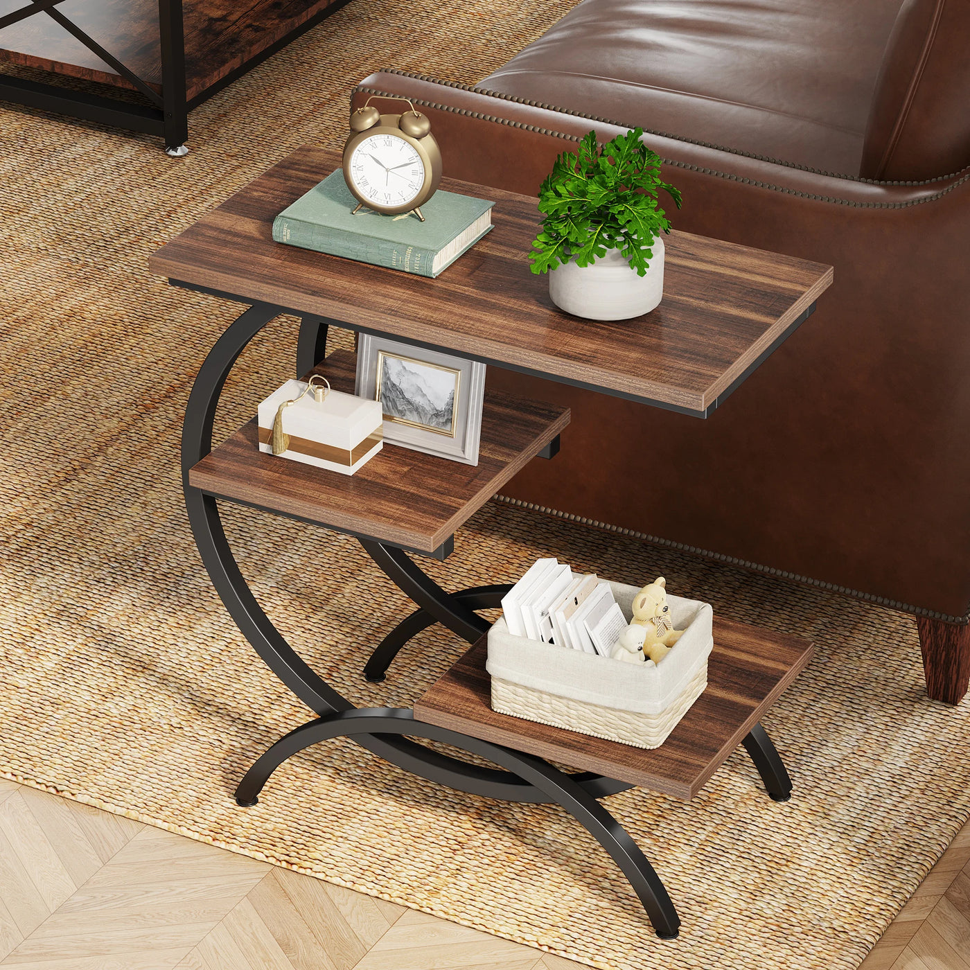 C-Shaped End Table - Industrial Three-Tier Storage Side Table