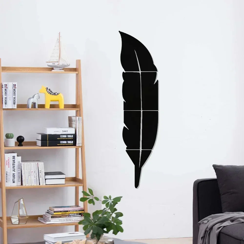 3D Feather Mirror Wall Stickers - Reflective DIY Room Decor