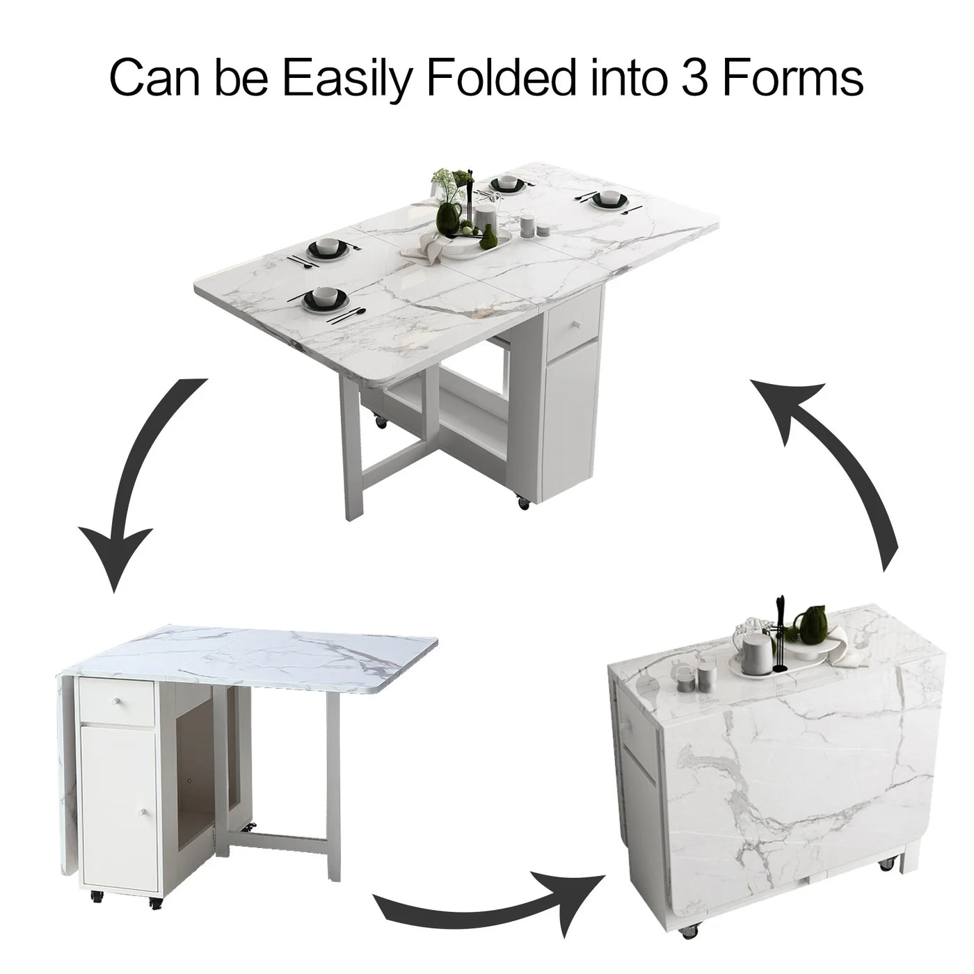Foldable Dining Table Set - White Multifunction Rectangle Table with Chairs