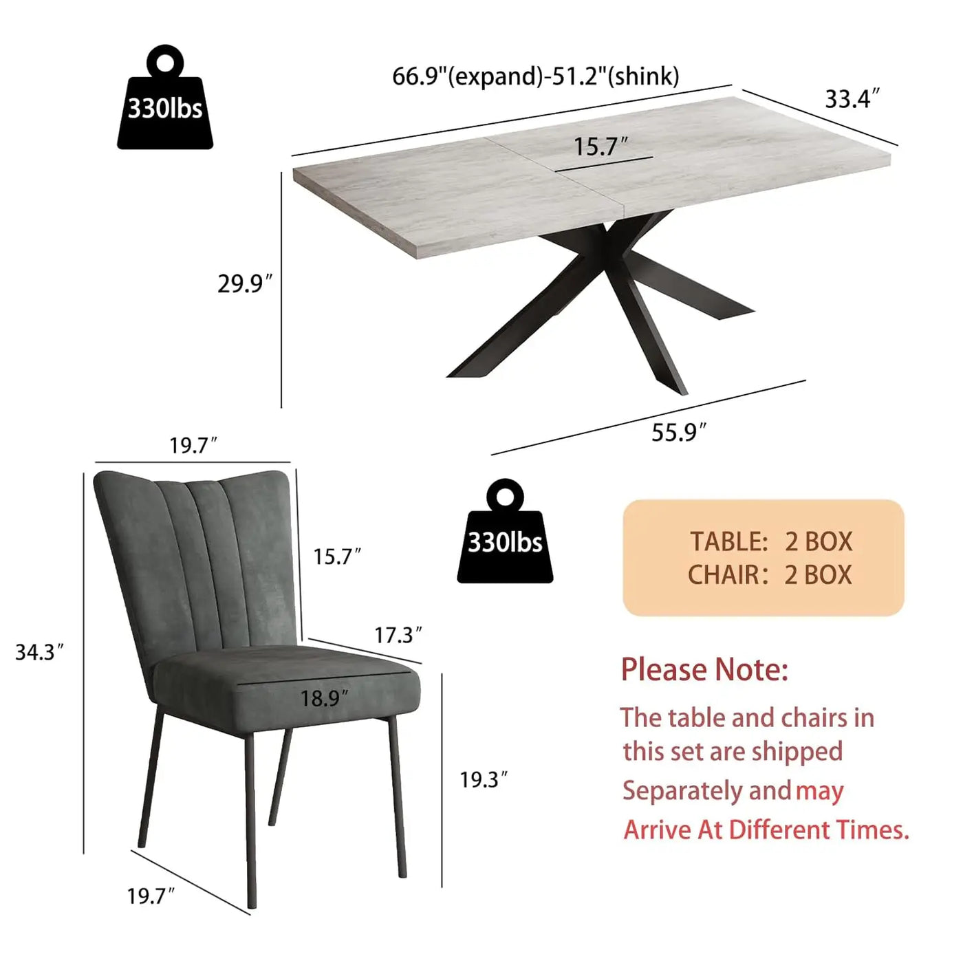 Extendable Grey Wood Dining Table Set - 6 Black Fabric Chairs