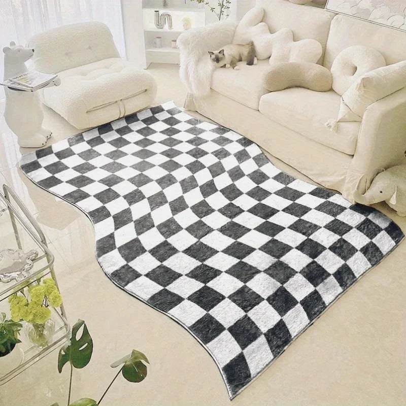 Retro Checkerboard Plush Area Rug - Soft Bedroom and Lounge Carpet