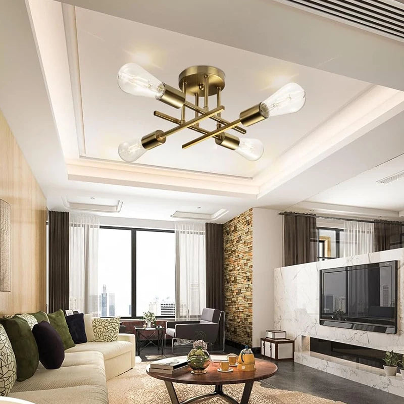 Nordic Semi-Flush Ceiling Chandelier - Retro LED Bedroom Light