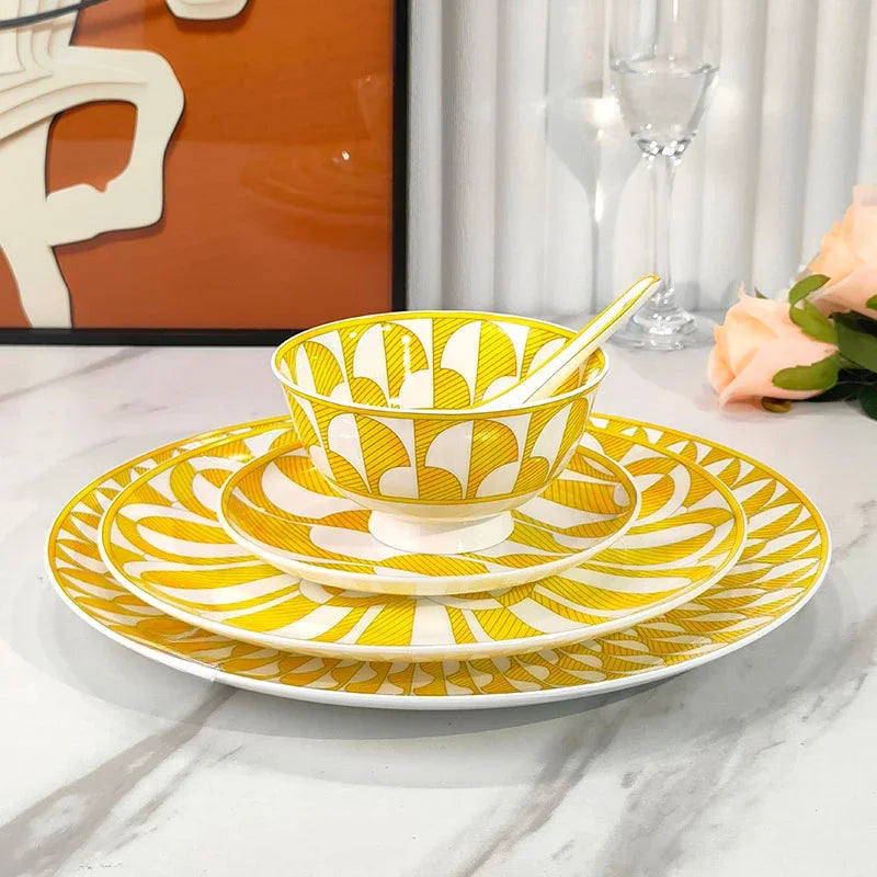 Geometric Bone China Dinner Plate Set - Elegant European Tableware