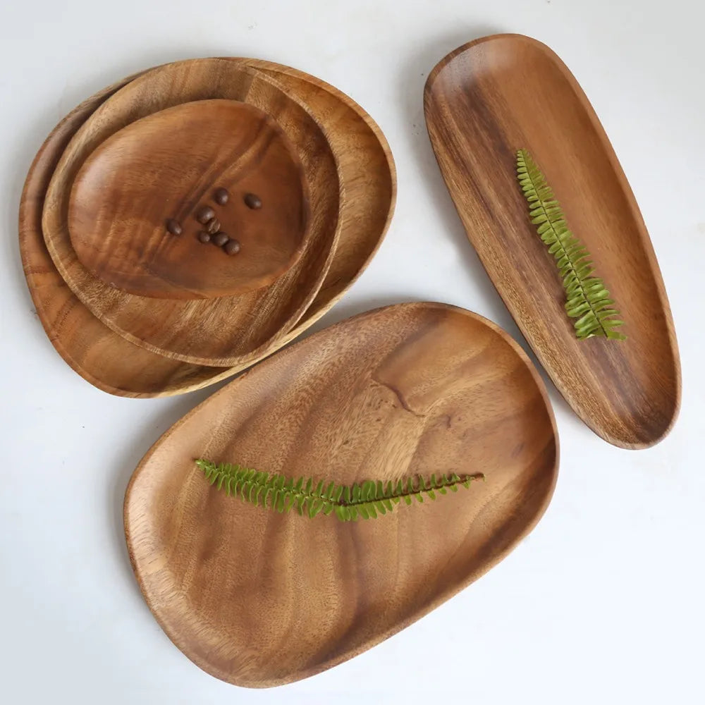 Walnut & Acacia Wooden Serving Plate - Irregular Oval Dinner Tray