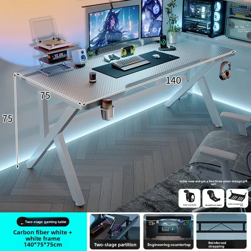 Gaming Desk with Monitor Stand - Carbon Fiber Textured Computer Table