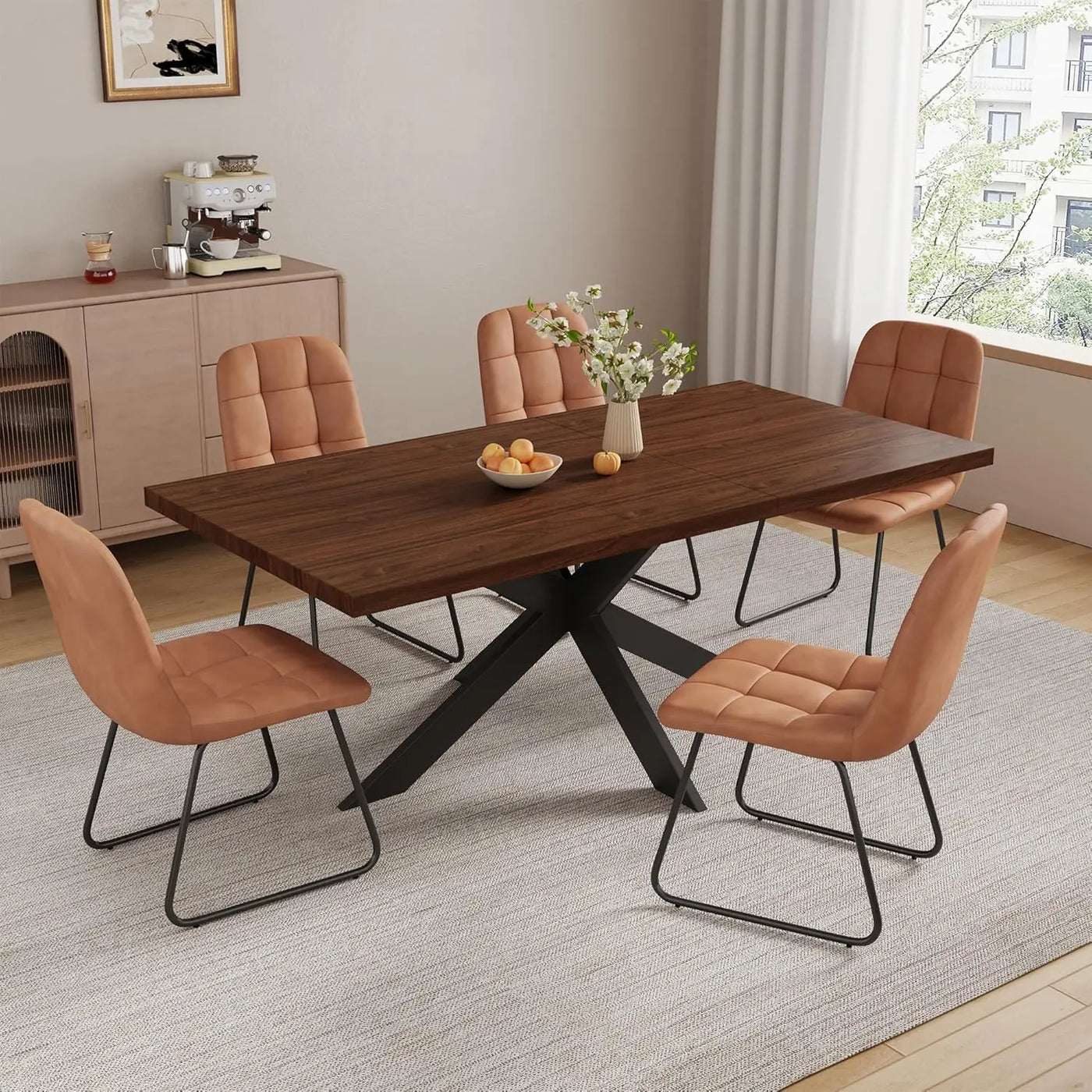Extendable Grey Wood Dining Table Set - 6 Black Fabric Chairs