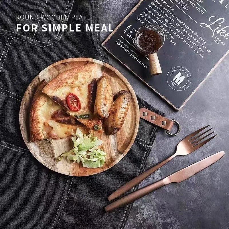 Wooden Round Serving Platter - Rustic Pizza and Dessert Tray