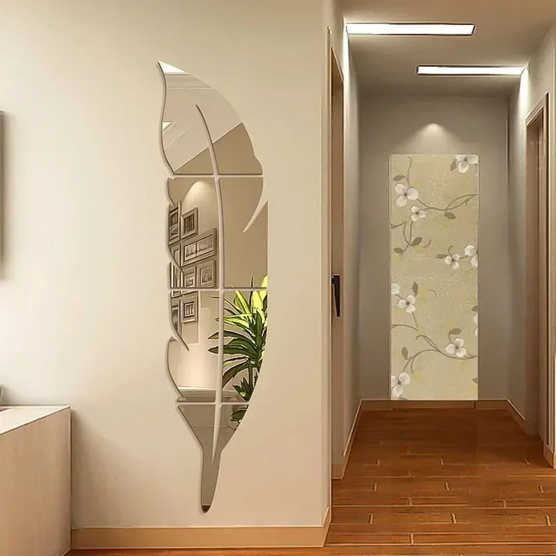 3D Feather Mirror Wall Stickers - Reflective DIY Room Decor