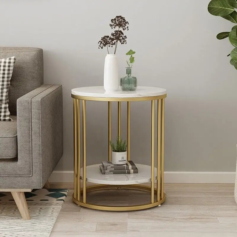 White Marble Side Table - Two-Tier Round Accent Coffee Table