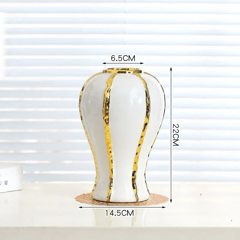 White Ceramic Vase with Gold Edge - Luxe Tabletop Flower Accent