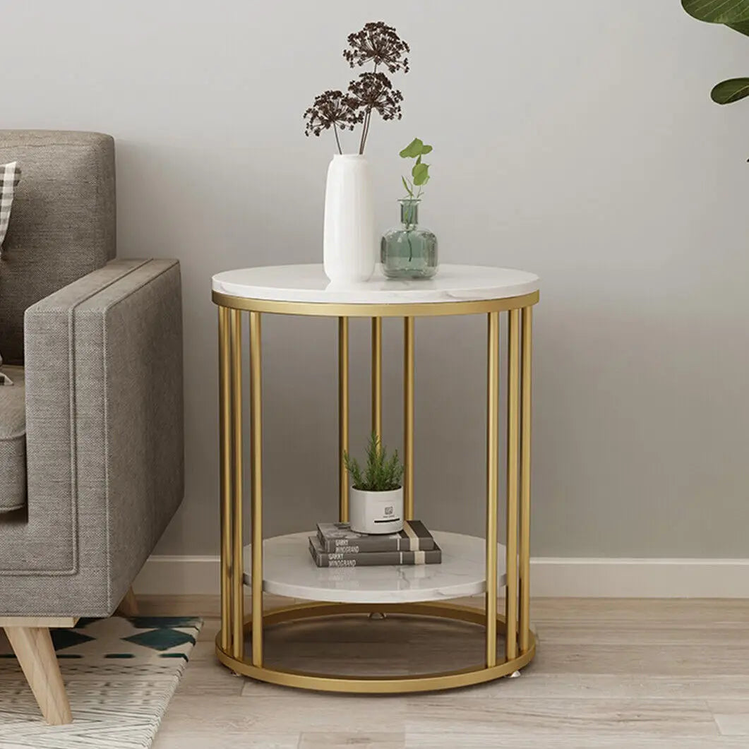White Marble Side Table - Two-Tier Round Accent Coffee Table