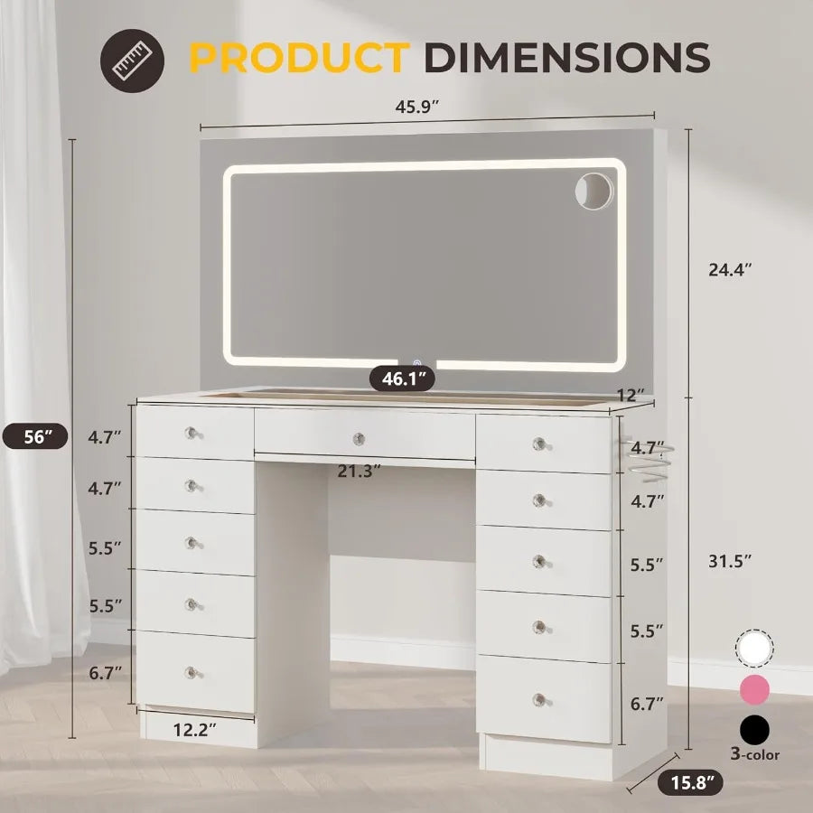 White Makeup Vanity Desk - 11 Drawers Glass Top LED Mirror