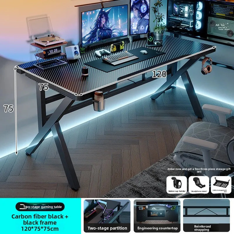 Gaming Desk with Monitor Stand - Carbon Fiber Textured Computer Table