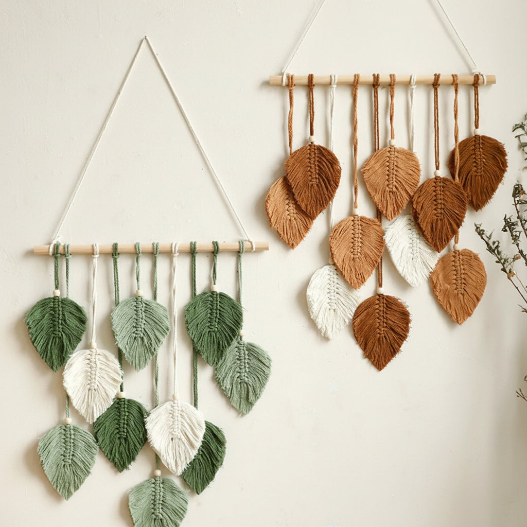 Leaf Macrame Wall Hanging - Boho Brown and Green Tapestry Decor