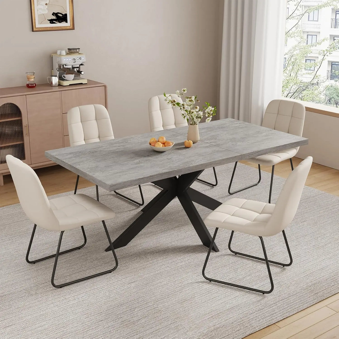 Extendable Grey Wood Dining Table Set - 6 Black Fabric Chairs