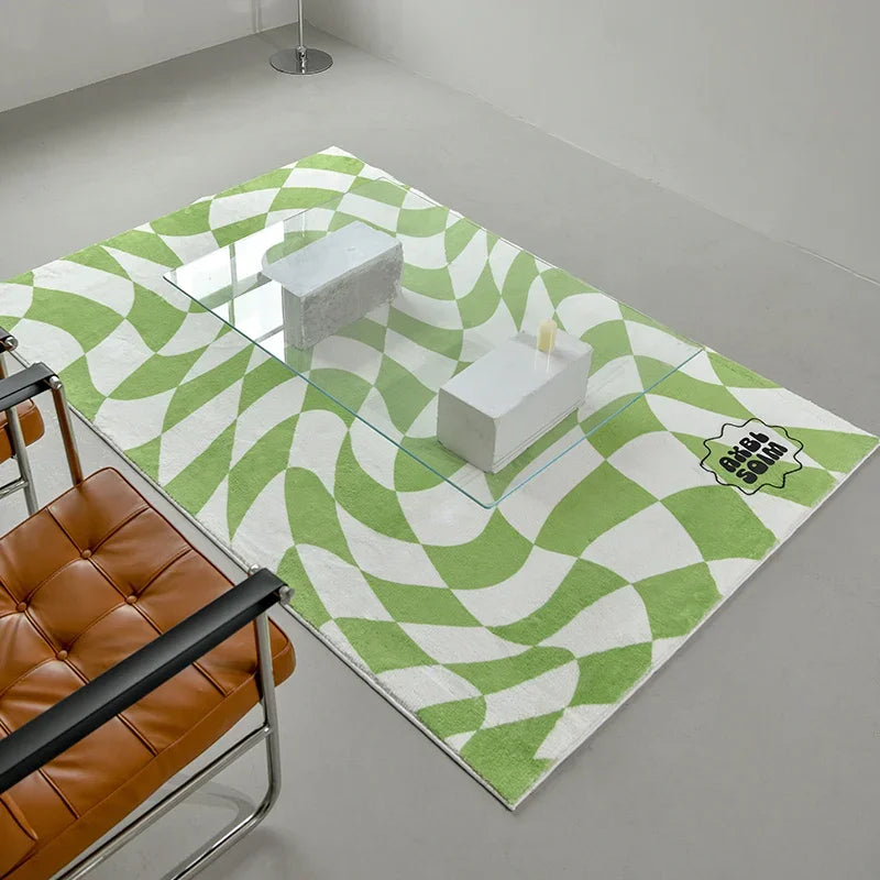 Retro Checkerboard Plush Area Rug - Soft Bedroom and Lounge Carpet