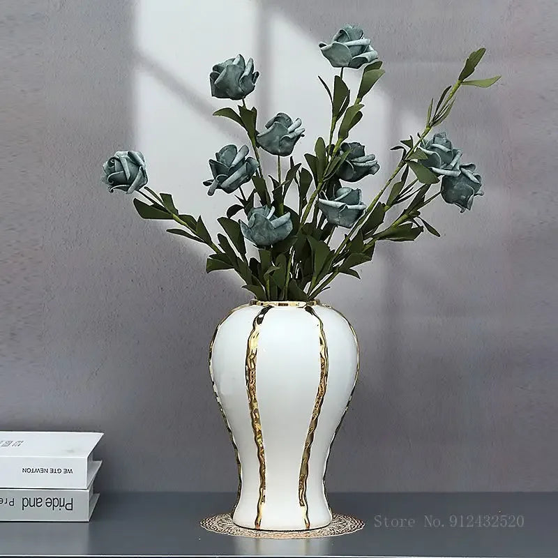 White Ceramic Vase with Gold Edge - Luxe Tabletop Flower Accent