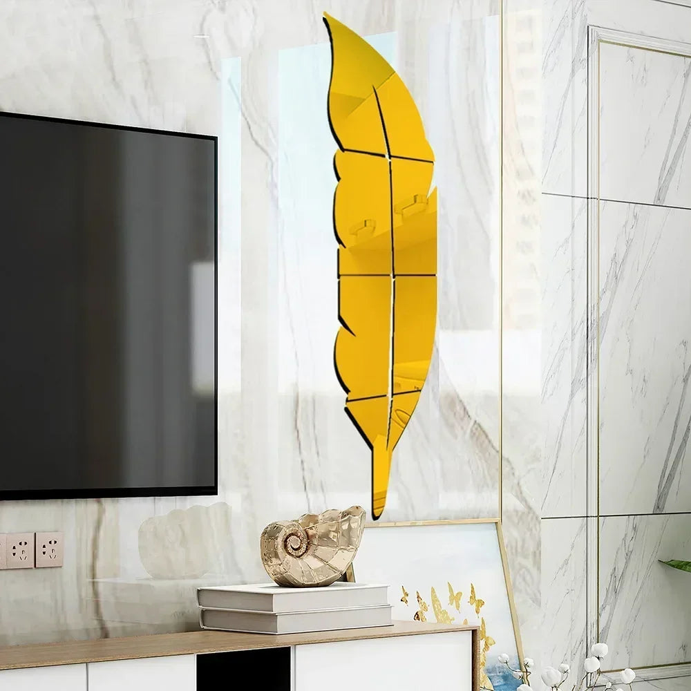 3D Feather Mirror Wall Stickers - Reflective DIY Room Decor