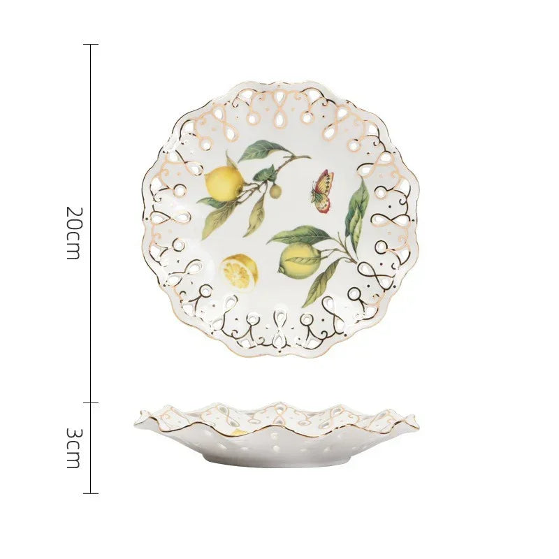 Lemon Pattern Ceramic Dinner Plate - Elegant European Tableware