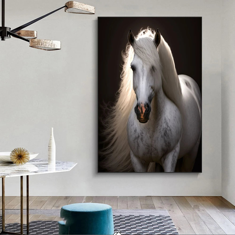Black and White Wild Horses Canvas Wall Art - Modern Animal Print