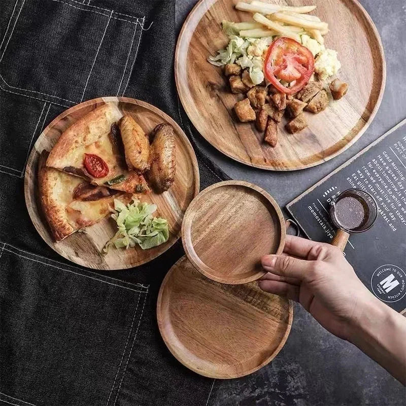 Wooden Round Serving Platter - Rustic Pizza and Dessert Tray