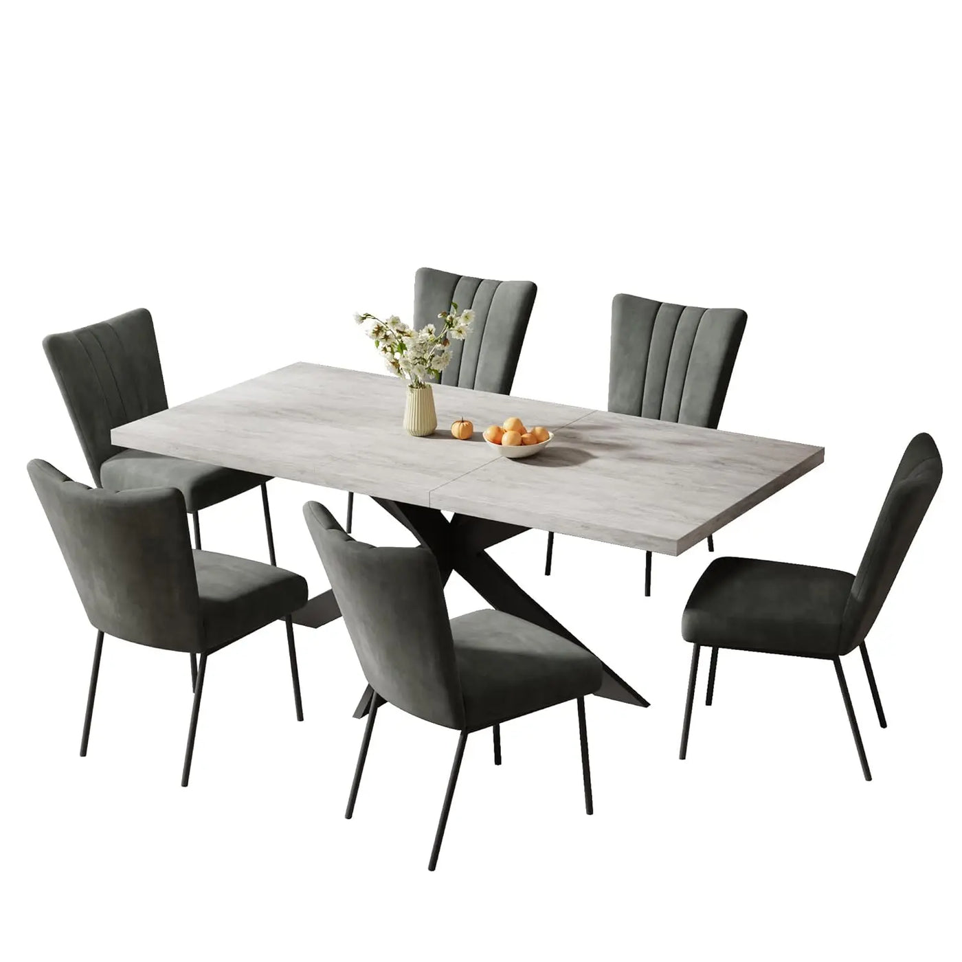 Extendable Grey Wood Dining Table Set - 6 Black Fabric Chairs
