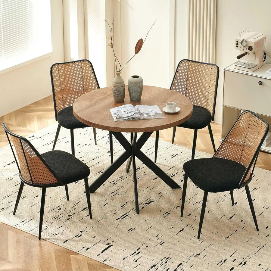 Round Dining Table Set with Rattan Chairs - Modern 4-Chair Set