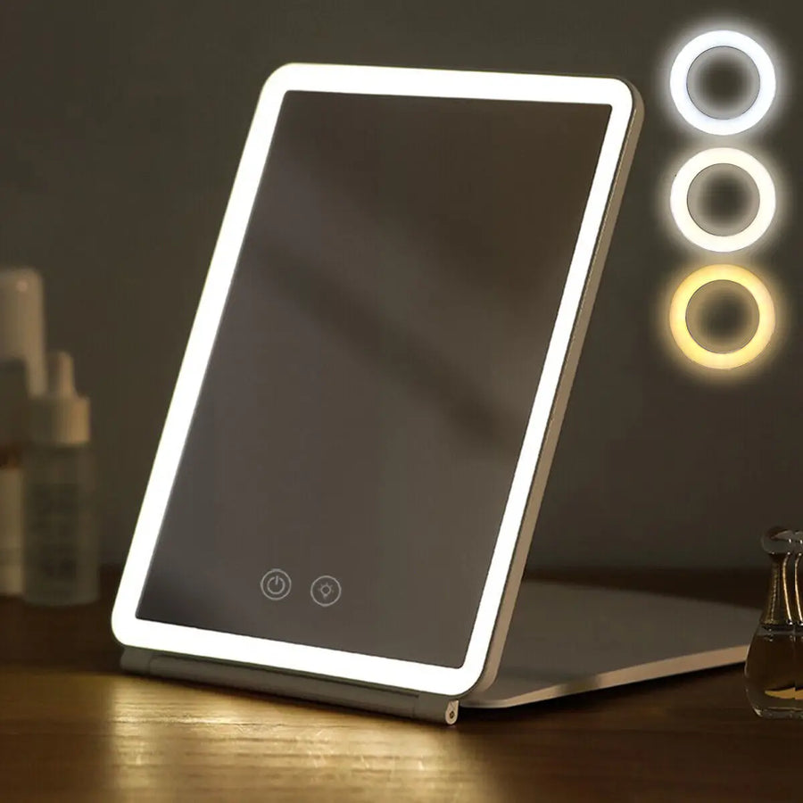 Foldable LED Makeup Mirror - USB Rechargeable 3 Color Light Modes