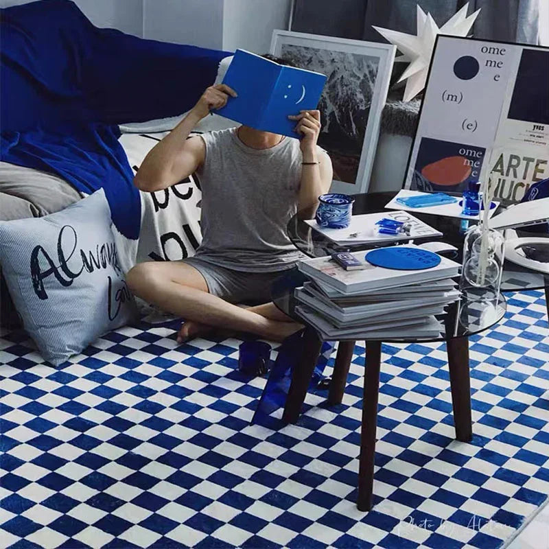 Retro Checkerboard Plush Area Rug - Soft Bedroom and Lounge Carpet