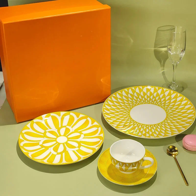 Geometric Bone China Dinner Plate Set - Elegant European Tableware