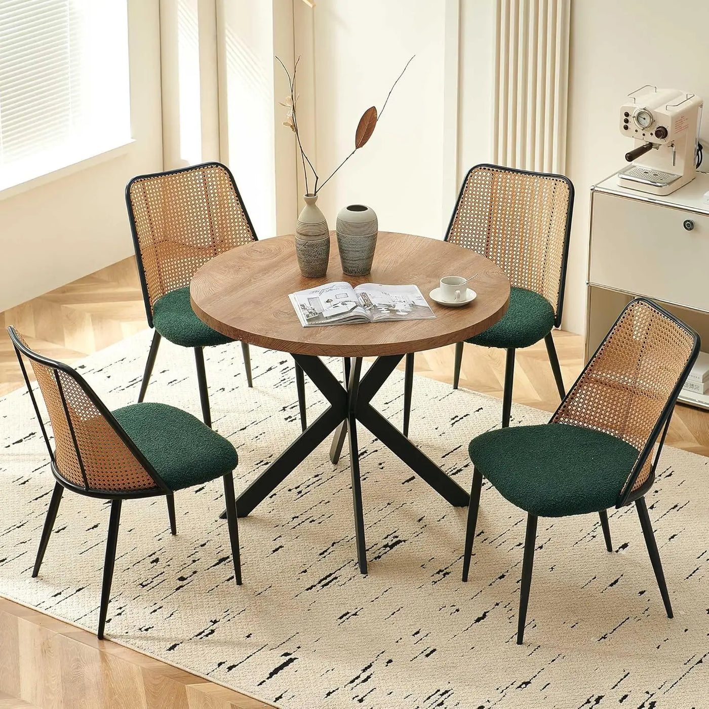 Round Dining Table Set with Rattan Chairs - Modern 4-Chair Set