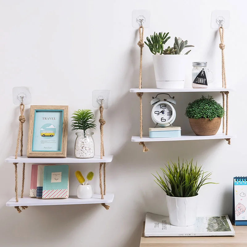 Rustic Wooden Wall Shelf Rack - Hook Mounted Storage Organizer
