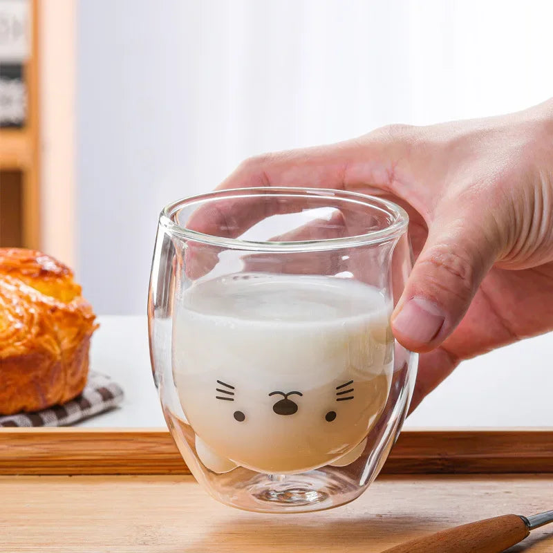 Double-Walled Animal Glass Mug - 250ml Cute Coffee Cup