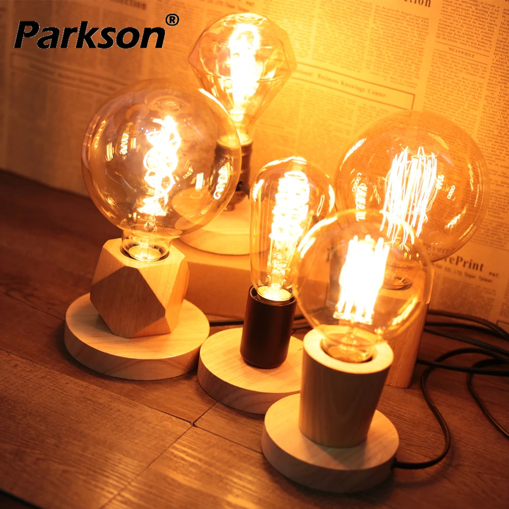 Vintage Wood Base Lamp Holder - E27 Edison Style Desk Light