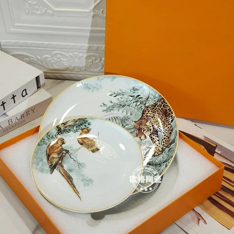 European Jungle Dinnerware Set - Ceramic Steak Plate and Coffee Cup Collection