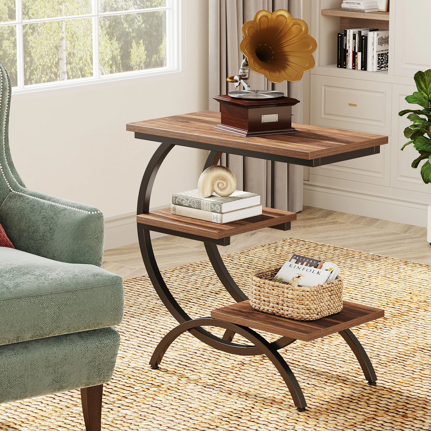 C-Shaped End Table - Industrial Three-Tier Storage Side Table