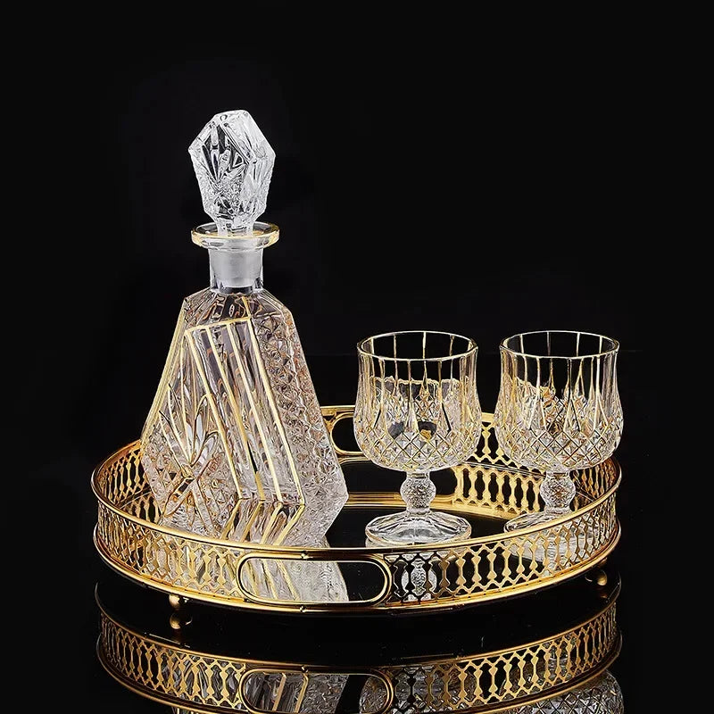European Crystal Liquor Bottle and Glass Set