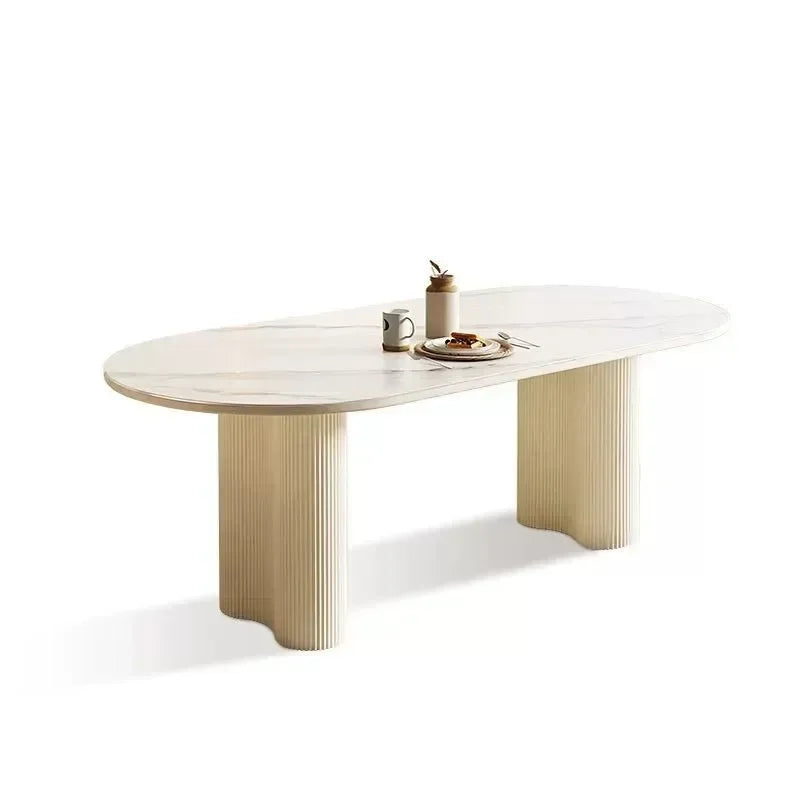 Cream White Oval Sintered Stone Dining Table Set - Modern 6-Chair Set