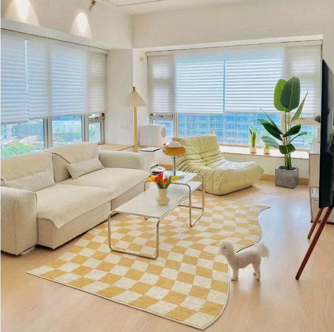 Retro Checkerboard Plush Area Rug - Soft Bedroom and Lounge Carpet