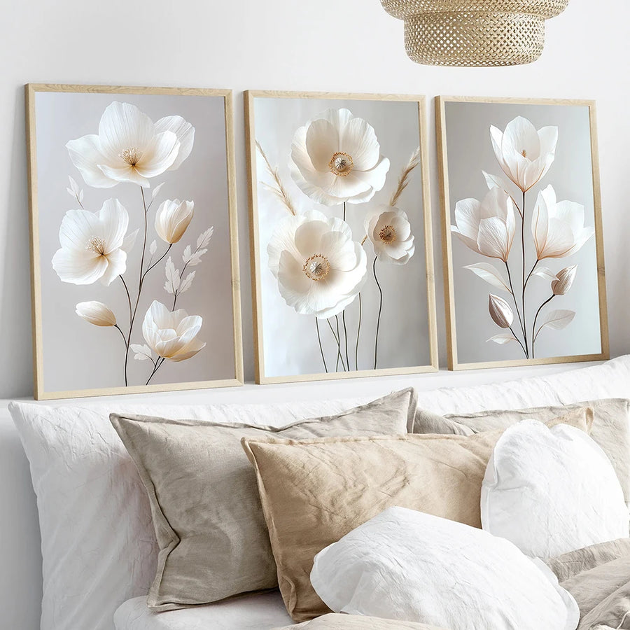 Nordic Beige Peony Floral Canvas Wall Art - Frameless Botanical Print