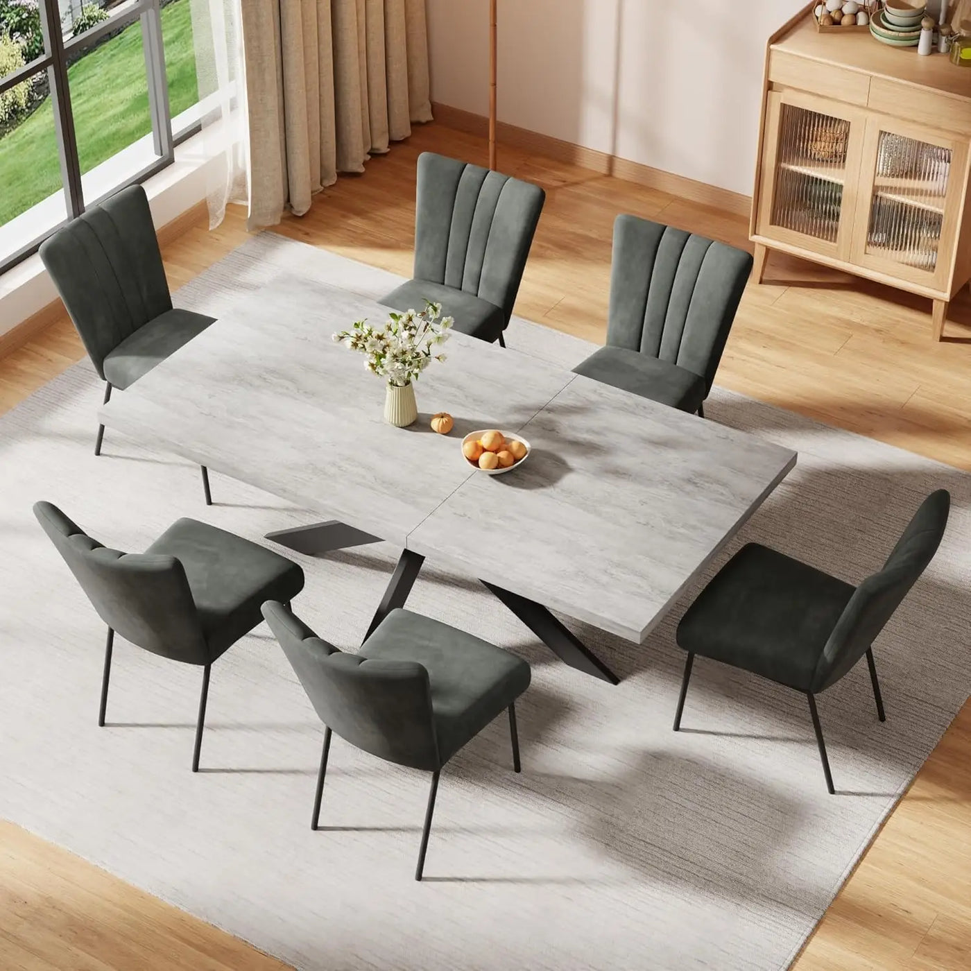 Extendable Grey Wood Dining Table Set - 6 Black Fabric Chairs