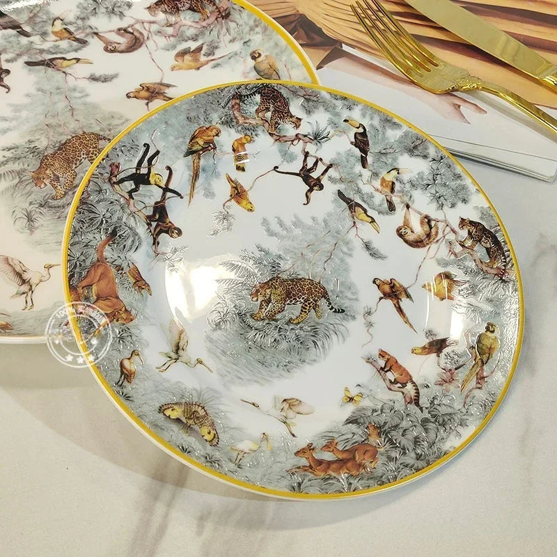 European Jungle Dinnerware Set - Ceramic Steak Plate and Coffee Cup Collection