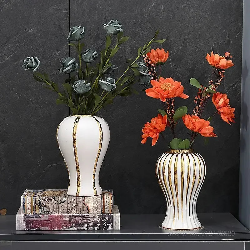 White Ceramic Vase with Gold Edge - Luxe Tabletop Flower Accent