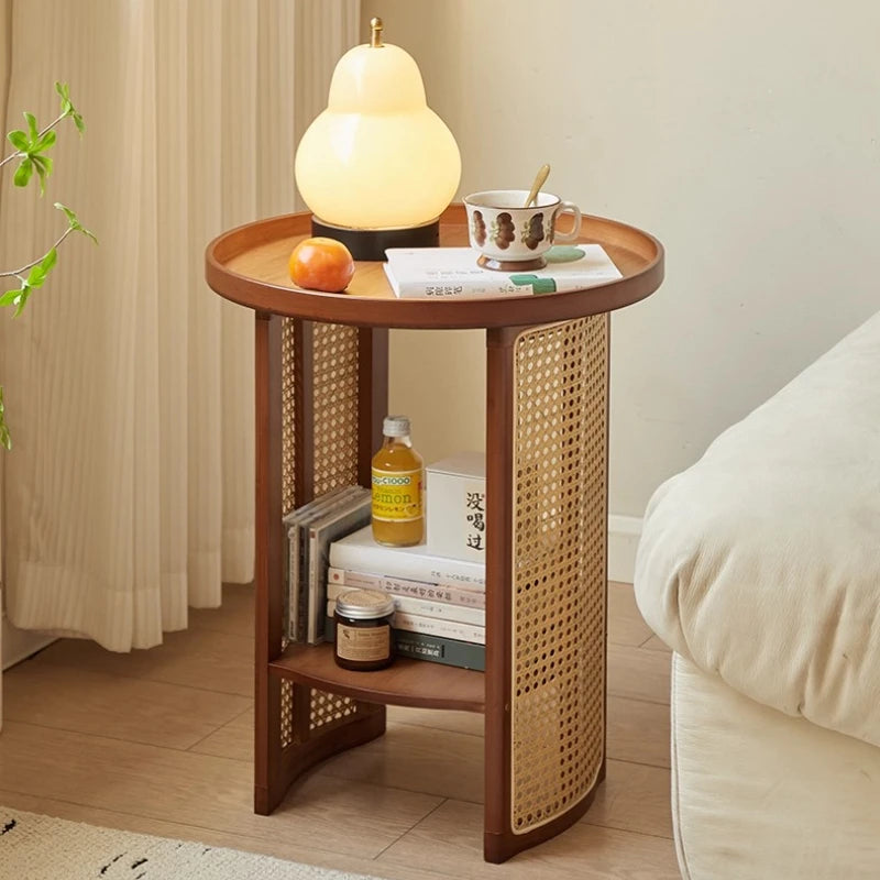 Rattan Bamboo Coffee Table - Two-Tier Tea Table with Storage