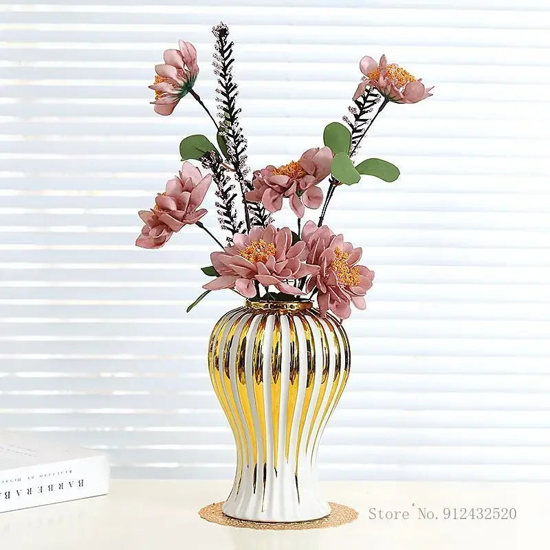 White Ceramic Vase with Gold Edge - Luxe Tabletop Flower Accent