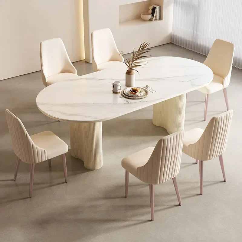 Cream White Oval Sintered Stone Dining Table Set - Modern 6-Chair Set